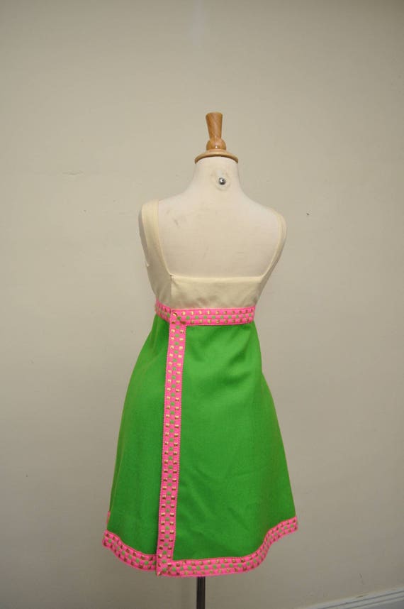 60s Wool Mini Dress Lime Green Metallic Trim S - image 5