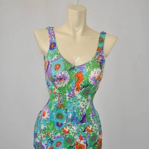 60s Painterly Floral Skirted Modest One-piece Bathing Suit 34C image 4