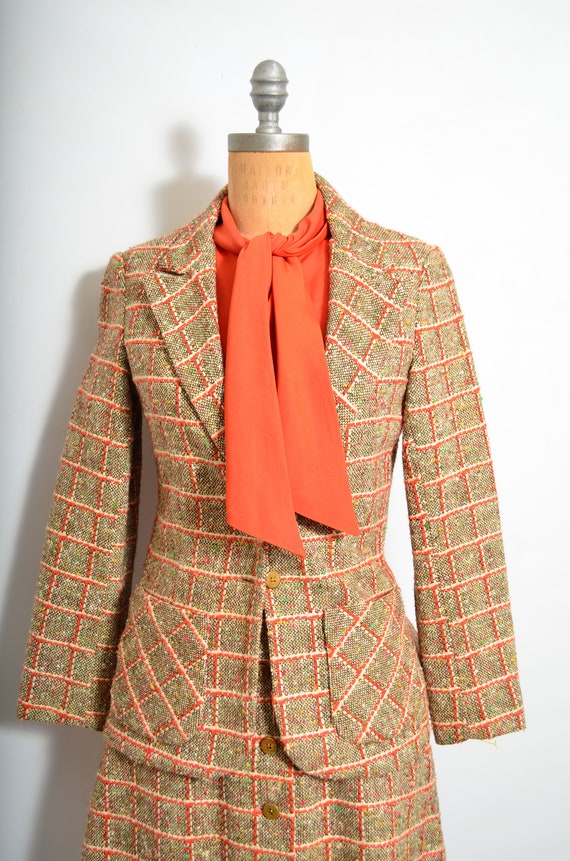 70s Orange Plaid Wool Dress and Jacket Suit Size … - image 9