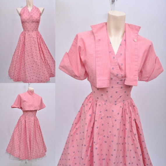 50s pink halter sundress with cropped bolero jacke