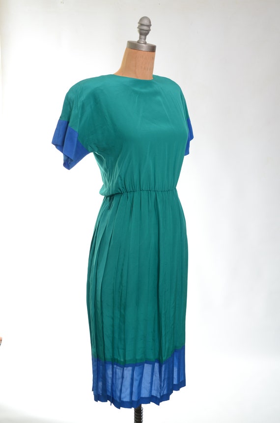 80s Silk Green and Blue Color Block Dress Small/M… - image 8