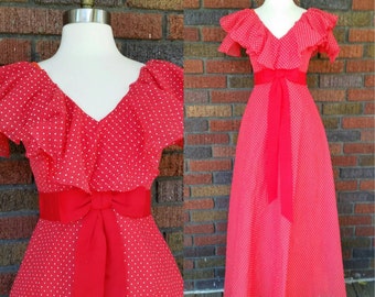 70s Gypsy Dress Red Polka Dot Deadstock With Tag XS/S