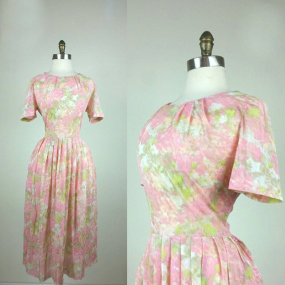 50s Day Dress Pink and Green Sheer M/L