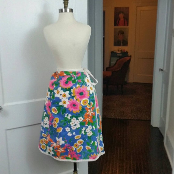 60s Wrap Skirt Blue Floral and Pink Reversible XS… - image 2