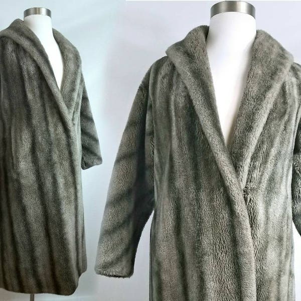 Mid-century Faux Fur Long Winter Coat Gray and Brown Stripes Plus Size Swing Coat