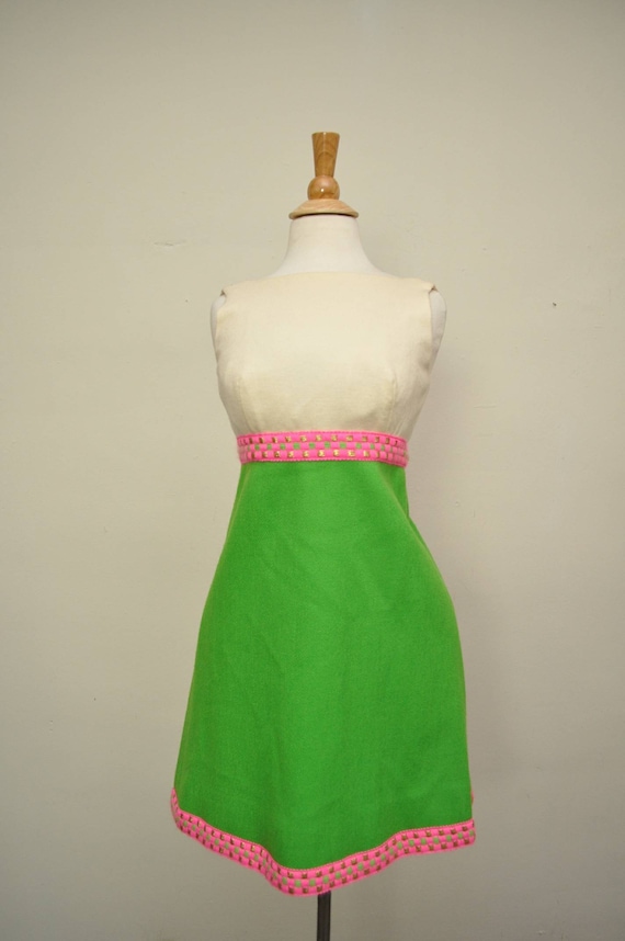 60s Wool Mini Dress Lime Green Metallic Trim S - image 7