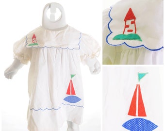 1970s Toddler White Nautical Applique Baby Girl Sailboat Short Sleeve 6-9 months