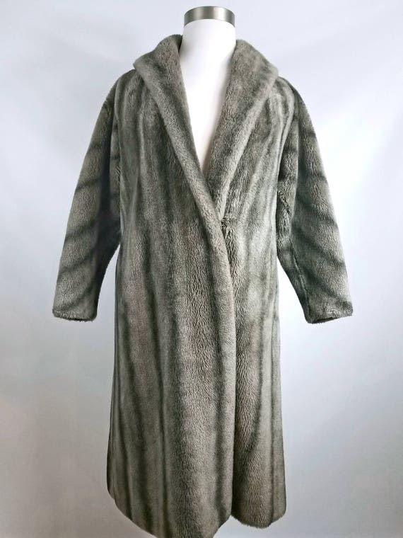 Mid-century Faux Fur Long Winter Coat Gray and Brown Stripes Plus Size  Swing Coat 