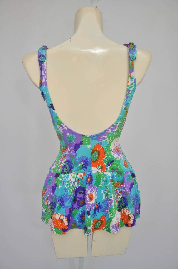 60s Painterly Floral Skirted Modest One-piece Bat… - image 7