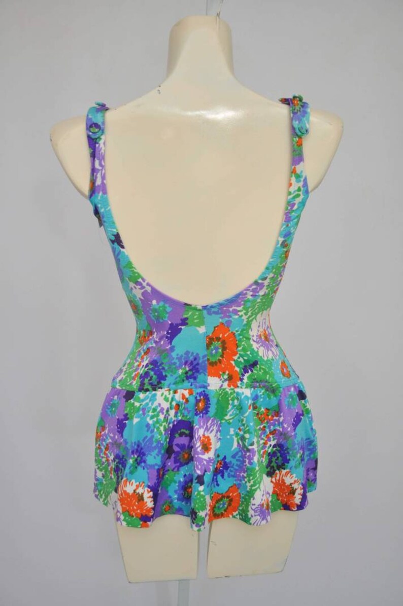 60s Painterly Floral Skirted Modest One-piece Bathing Suit 34C image 7