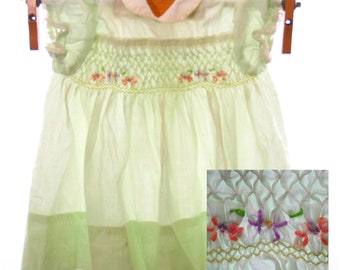 70s Polly Flinders Smocked Green Baby Dress with Floral Embroidery 6 to 9 Months