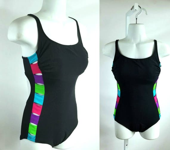 80s Onepiece Swimsuit Black with Neon Side Cut-Ou… - image 1