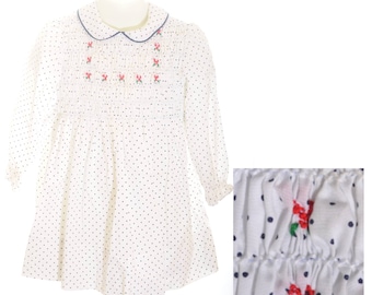 60s 70s Polly Flinders Hand Smocked Girls White Polka Dot Dress Peuter 4 4T