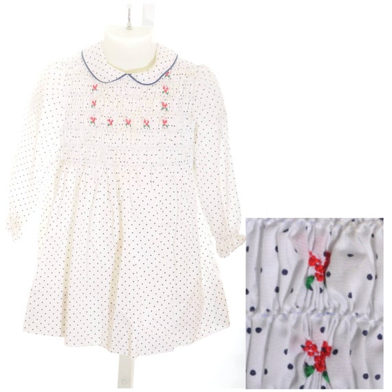 60s 70s Polly Flinders Hand Smocked Girls White P… - image 1