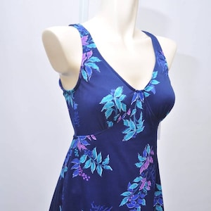 70s skirted navy blue floral one-piece swimsuit M