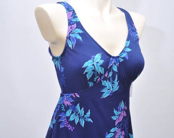 70s skirted navy blue floral one-piece swimsuit M