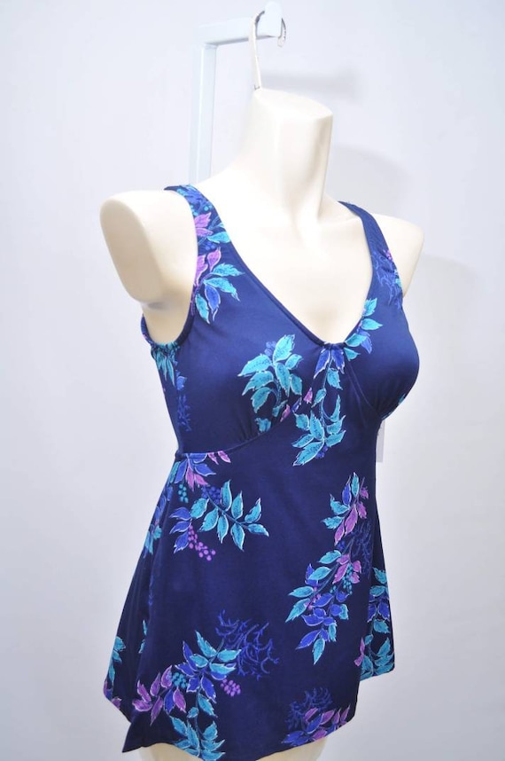 70s skirted navy blue floral one-piece swimsuit M