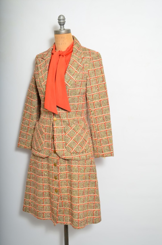 70s Orange Plaid Wool Dress and Jacket Suit Size … - image 7