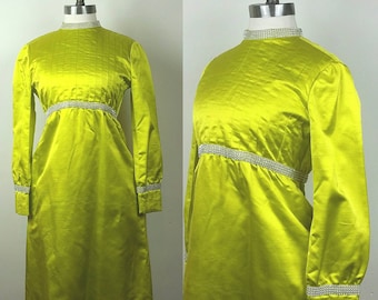 60s Cocktail Dress Chartreuse Silk with Pockets and Rhinestone Accents S