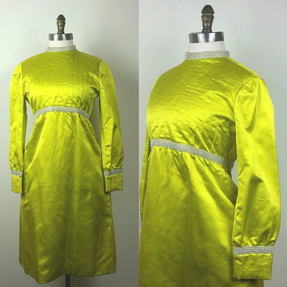 60s Cocktail Dress Chartreuse Silk with Pockets a… - image 1