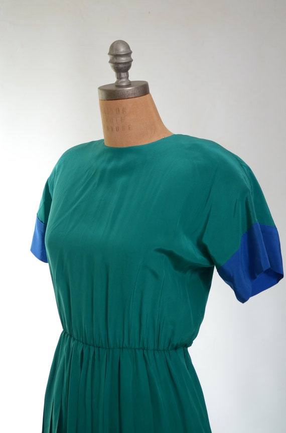 80s Silk Green and Blue Color Block Dress Small/M… - image 5