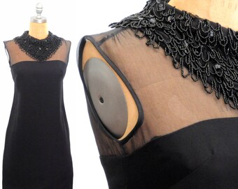 1960s Little Black Dress with Sheer neckline and beaded collar S