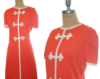 1960s Mod Orange Red Asian-inspired Shift Dress Large