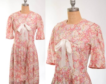 80s/90s Laura Ashley Mauve Floral Cotton Garden Party Dress