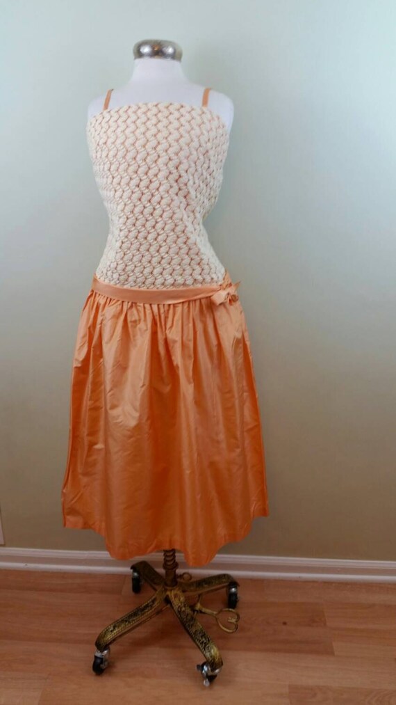 60s Peach Dress 20s Style Crochet Spaghetti Strap… - image 2