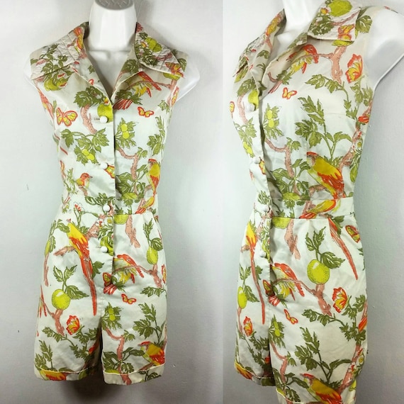 60s Novelty Print Botanical Bird Butterfly Romper… - image 1