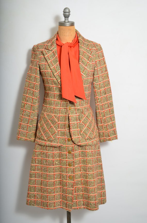 70s Orange Plaid Wool Dress and Jacket Suit Size … - image 2