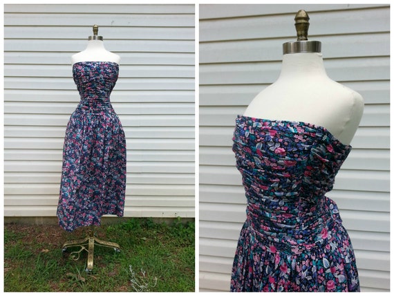 80s Strapless Dress Pin-Up Floral Print Party Dres