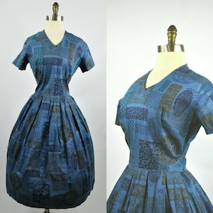 50s Day Dress Navy Blue Novelty Print S