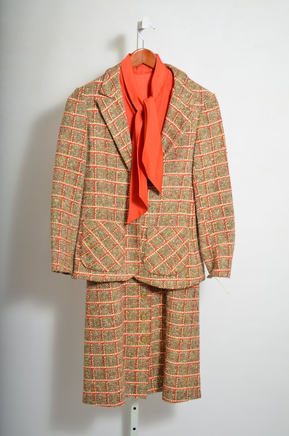 70s Orange Plaid Wool Dress and Jacket Suit Size … - image 3