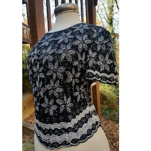 80s Beaded Blouse Black and Silver over Silk S/M