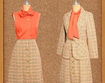 70s Orange Plaid Wool Dress and Jacket Suit Size Medium