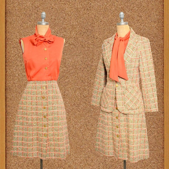 70s Orange Plaid Wool Dress and Jacket Suit Size … - image 1