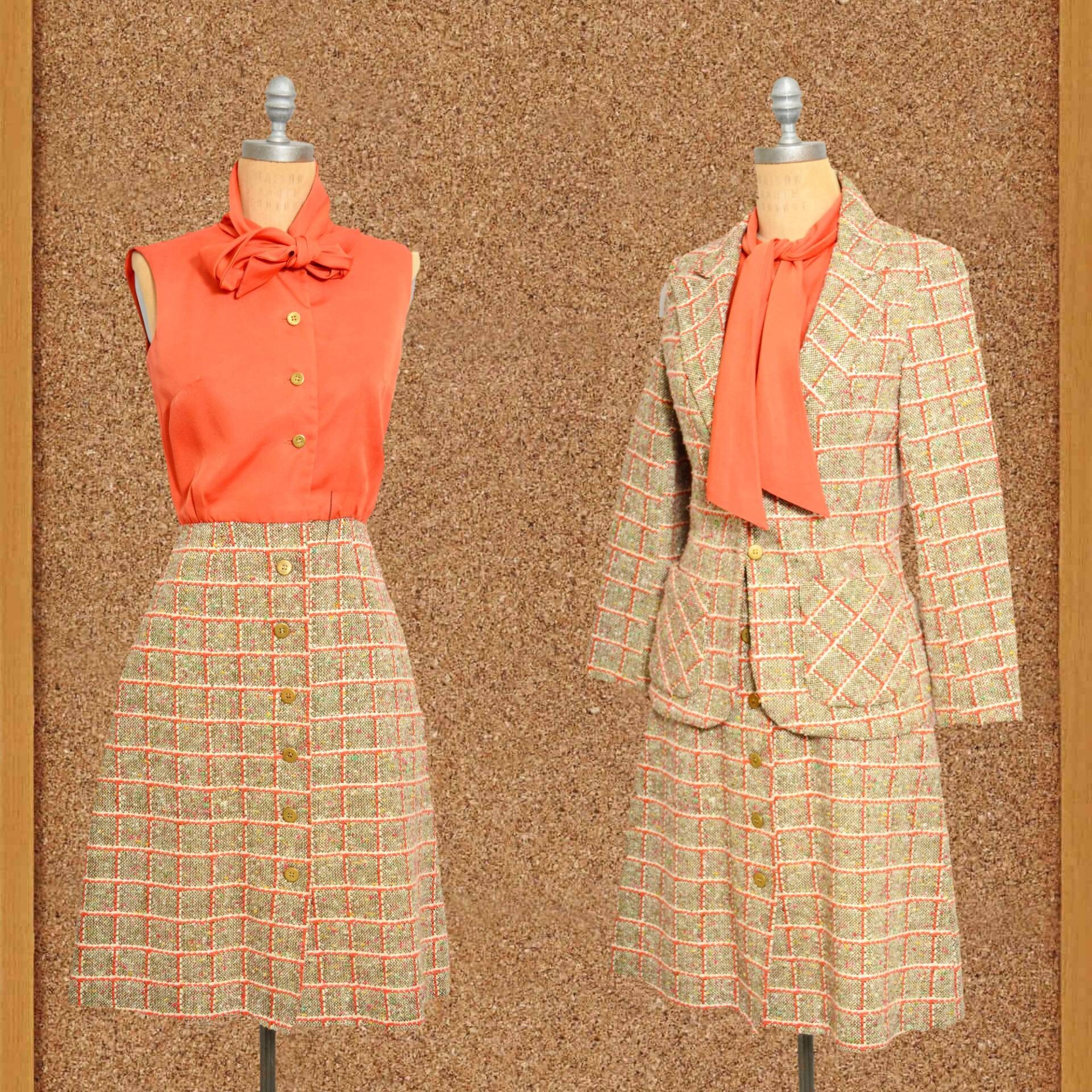 skirt and jacket set orange tartan wool Skirt and jacket set 70,wool orange tartan