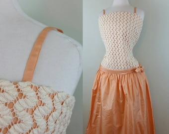 60s Peach Dress 20s Style Crochet Spaghetti Strap Drop Waist S