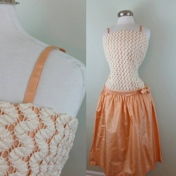 60s Peach Dress 20s Style Crochet Spaghetti Strap… - image 1