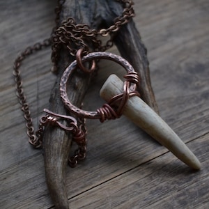 Antler necklace, antler tip necklace, antler tip pendant, primitive, boho, antler tip on chain necklace, copper and antler, antler tip