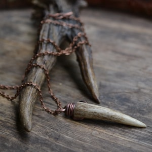 Antler necklace, antler tip necklace, antler tip pendant, primitive, boho, antler tip on chain necklace, copper and antler, antler tip