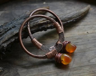 Hoops for tunnels, gauged hoops, 8 gauge hoops, 8 gauge earrings, copper hoops, hoops for stretched ears, carnelian 8 GA hoops, gauged hoops