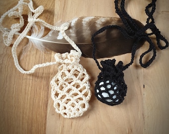 Crystal pouch necklace, stone pouch necklace, crochet pouch necklace, black net stone pouch, medicine pouch necklace, stone holder necklace