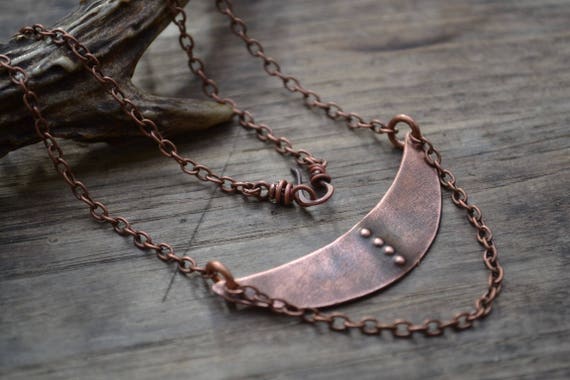 Half moon necklace, crescent necklace, copper necklace, hammered copper necklace, moon pendant, half moon pendant, boho necklace, woodland