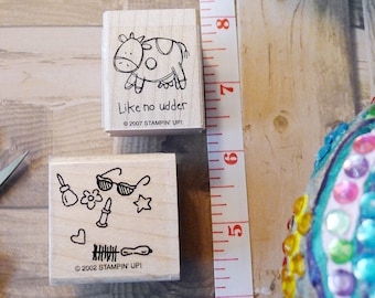 Like No Udder and Beauty Set of Quality Wood Mounted Rubber Stamps. Cartoon Cow with Like No Udder and a Random Set of Beauty Implements