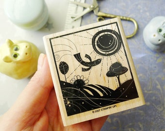 Modern Art Wood Cut Groovy Hippie Landscape with Stylized Bird and Plants Rubber Stamp, Modern Art Greeting Card Craft Stamp