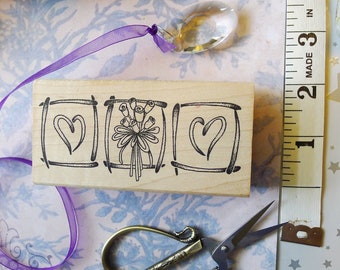 Three Frames with Hearts and Flowers Rubber Stamp for Border Invitations Cards or Wedding DIY Crafts, Modern Line Drawing Love Stamp