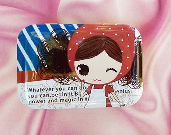 Winking Girl Party Favors in Red White and Blue, Korean Stationery Graphics Water Color Travel Case with Little Red Riding Hood Drawings