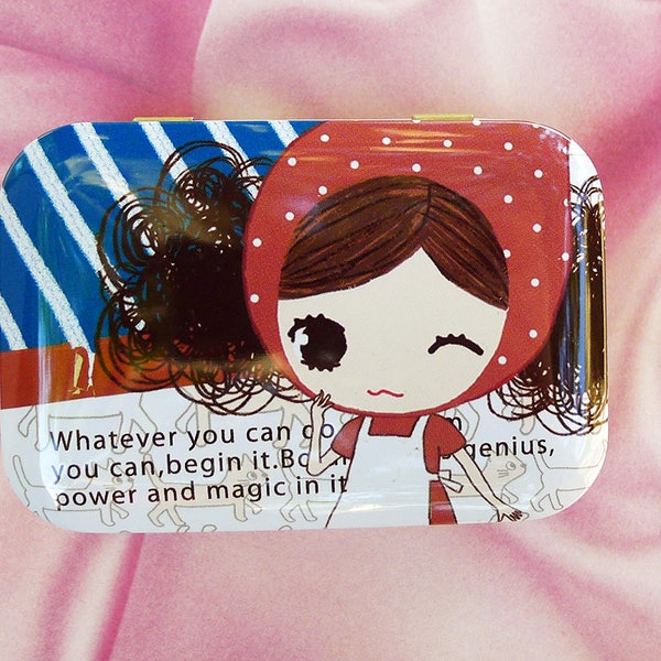 Winking Girl Party Favors in Red White and Blue, Korean Stationery Graphics Water Color Travel Case with Little Red Riding Hood Drawings